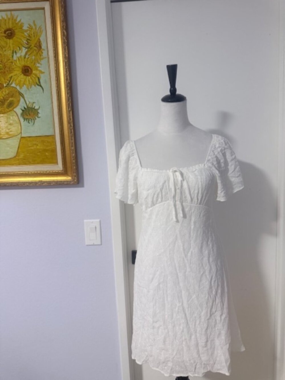 Boot Barn Shyanne brand eyelet back tie short sleeve white  mini dress.